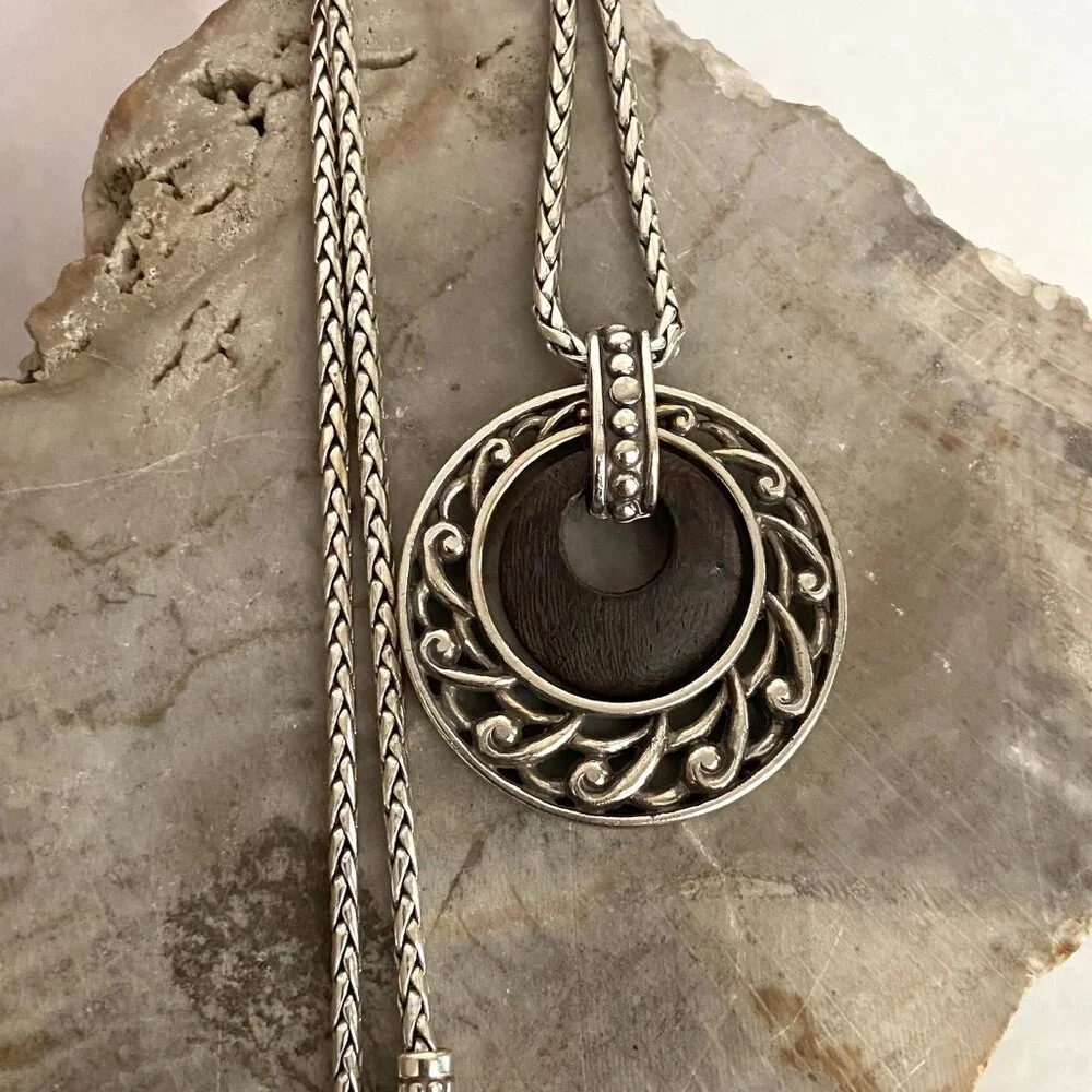 Brighton Katu Collection Silver Plated Round Wood Pendant Necklace 16